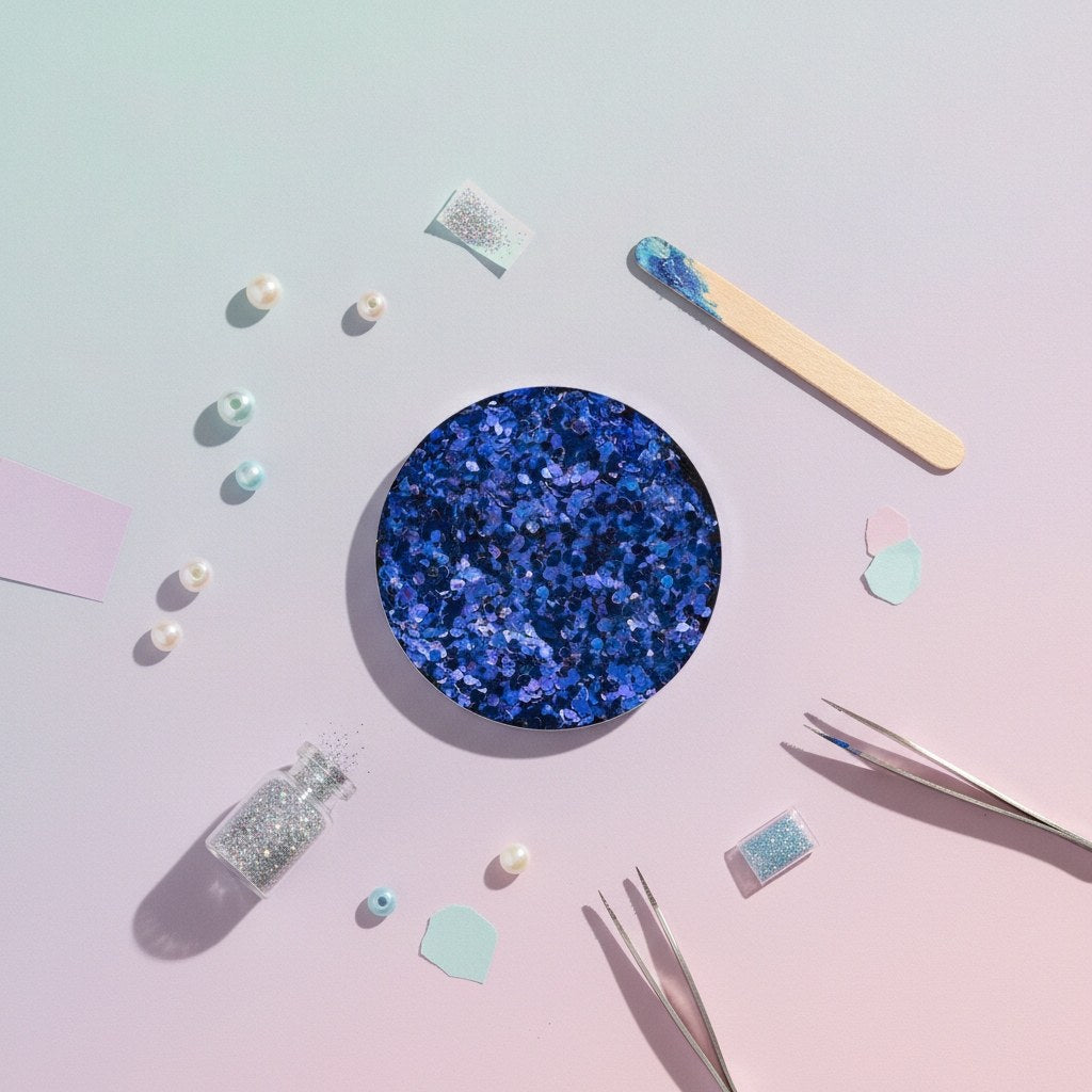Nahaufnahme grobkörniger Bio Glitter in kühlblau mit hexagonalen Partikeln