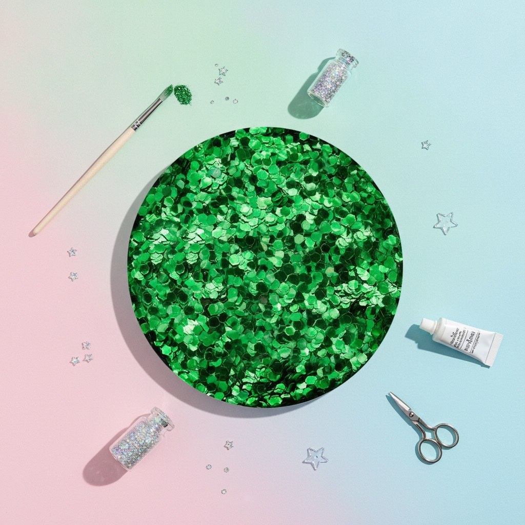 Nahaufnahme hexagonale grüne Bio-Glitzerpartikel mit Glanzeffekt