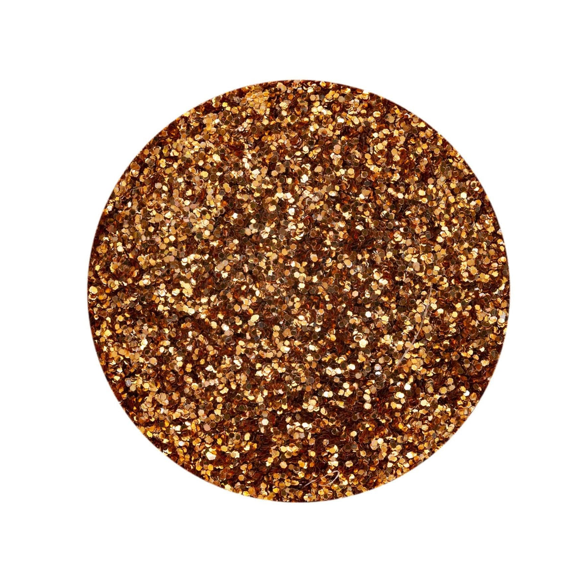 Gros plan de paillettes bio grossières couleur cuivre avec éclat métallique et particules de cellulose