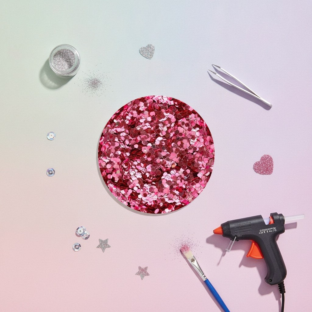 Nahaufnahme grober Bio Glitter Partikel in irisierendem Rosa mit metallischem Schimmer