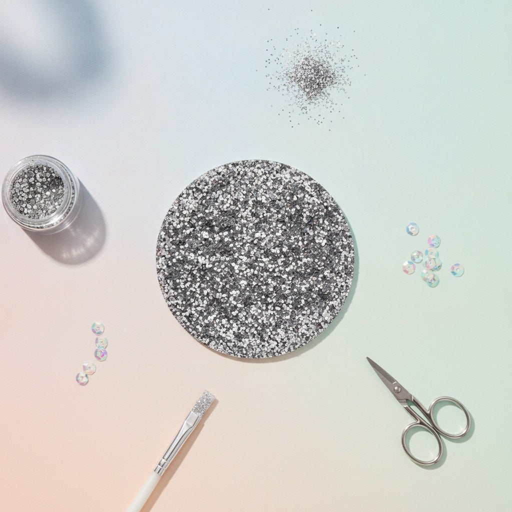 Nahaufnahme grober silberfarbener Bio Glitter Partikel mit metallischer Textur
