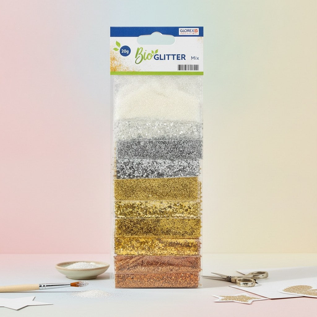 Glorex Bio Glitter Mix 20g Zelluloseglitter in Weiß, Silber, Gold und Bronze auf Verpackung
