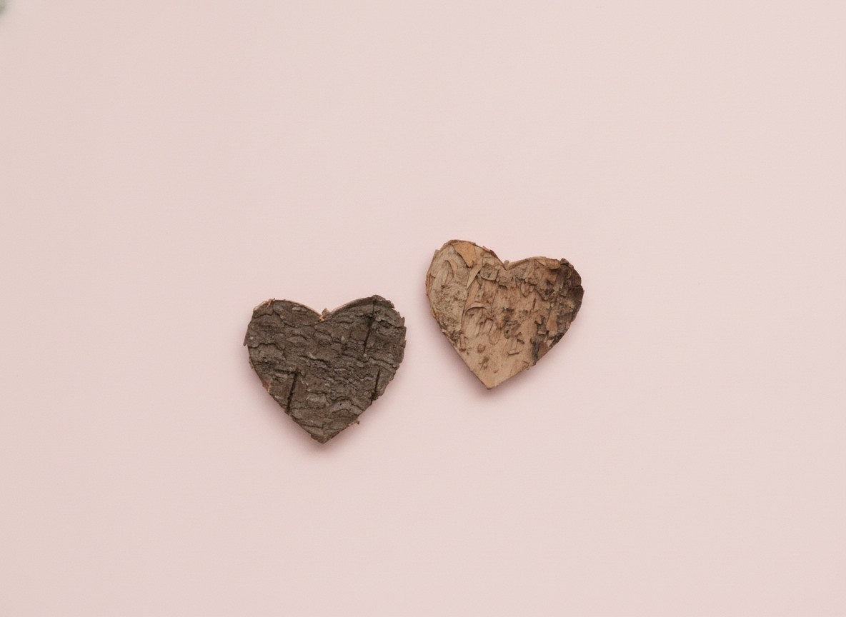 Birkenrindenherzen zeigen dunkle geriffelte Außenstruktur und helle raue Innenseite des Naturmaterials