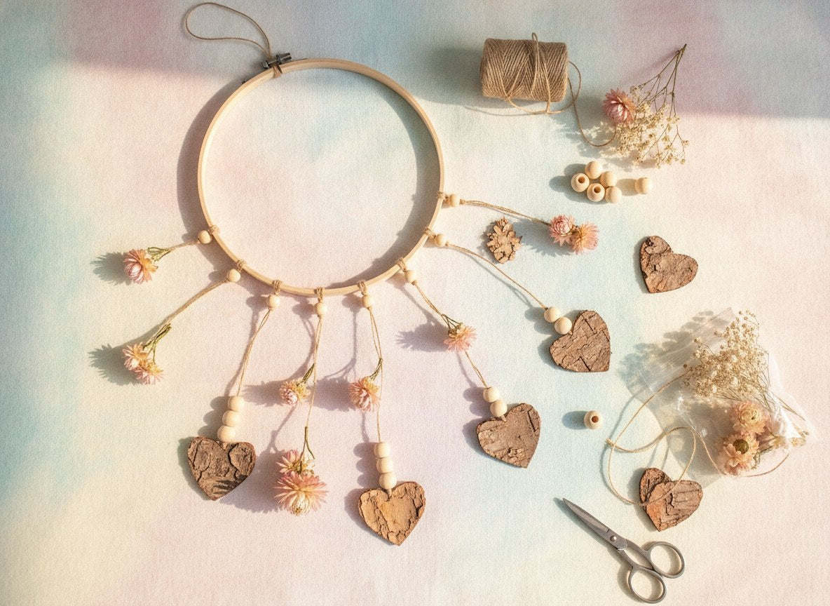 DIY Adventsgesteck aus Birkenrindenherzen, Juteschnur und Holzperlen im Stickrahmen als Wanddekoration
