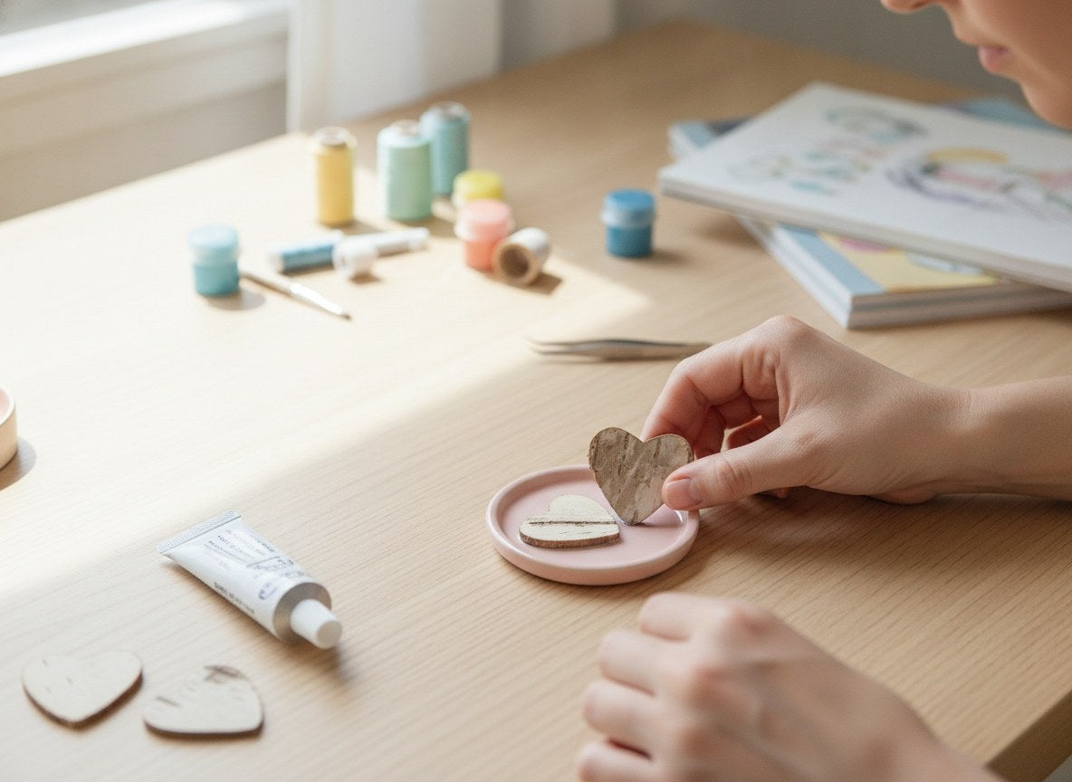 Hand hält Birkenrinde Herz für DIY Bastelprojekt mit Acrylfarben im Hintergrund