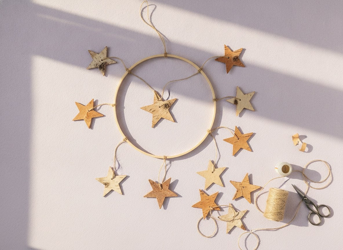 Birkenrinden-Sterne an Holzreif befestigt als DIY Adventskalender Dekoration