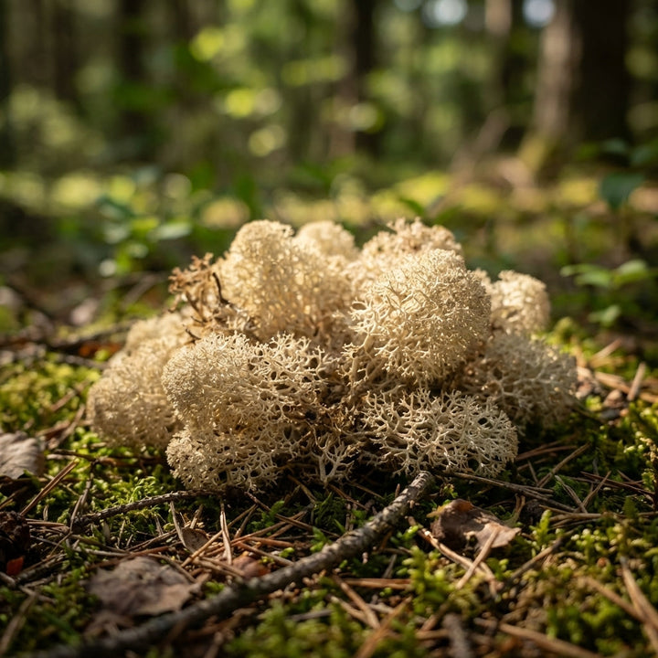 High-resolution macro of natural Islandmoos moss showing intricate micro-fiber patterns and earthy green color against a blurred woodland background.