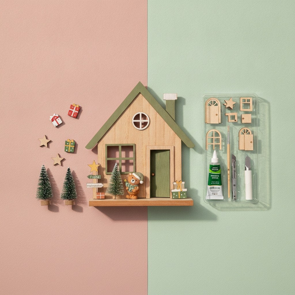 DIY Weihnachtsdeko Set: Deko-Haus mit Bär, Werkzeug und Kleber in transparenter Verpackung
