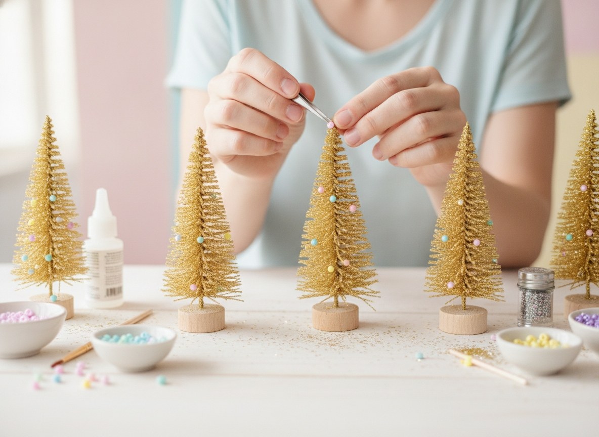 Déco mini sapin doré avec ornements pastel et socle en bois