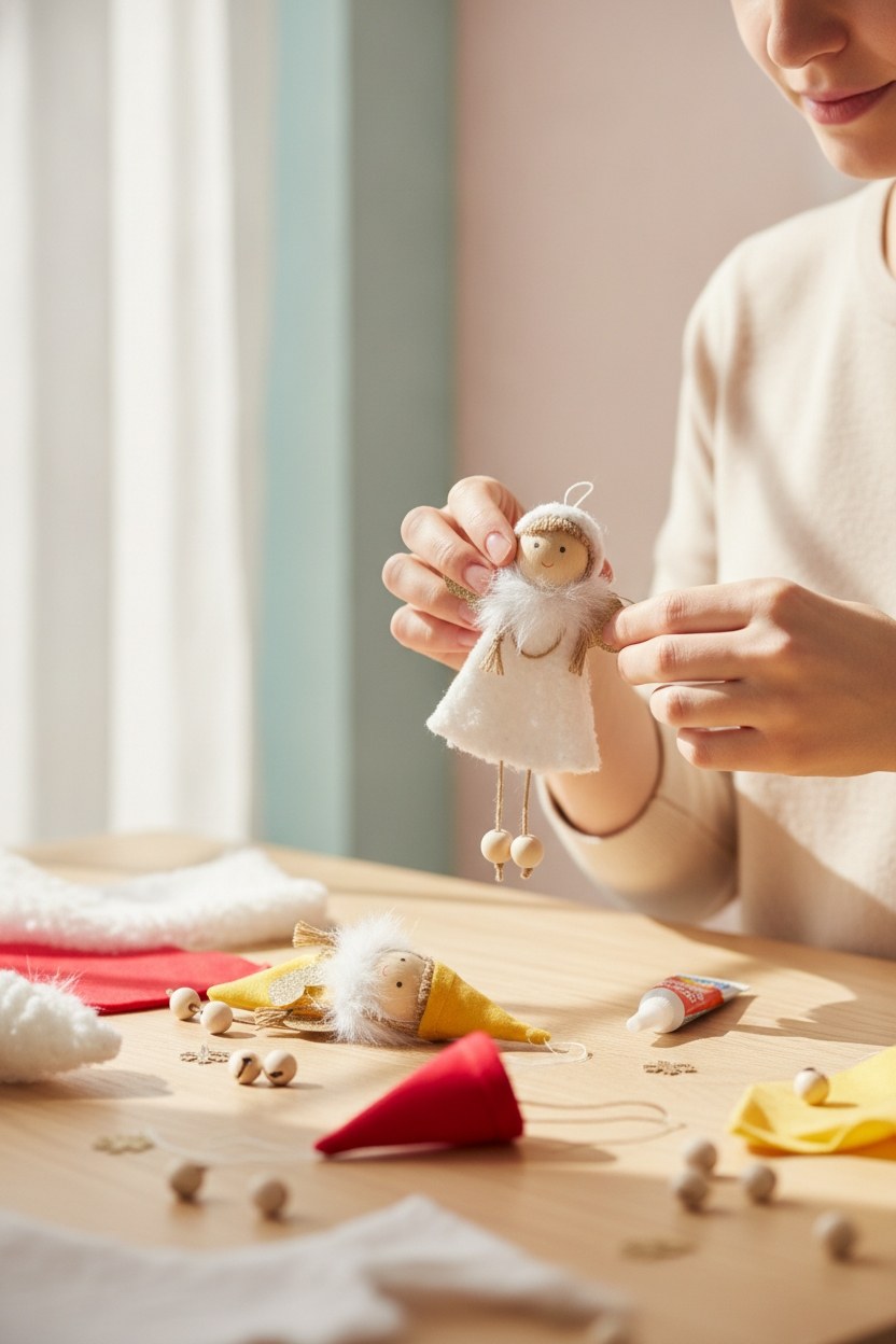 Kind bastelt weißen Stoffengel mit Holzkugelbeinen und Flauschbesatz
