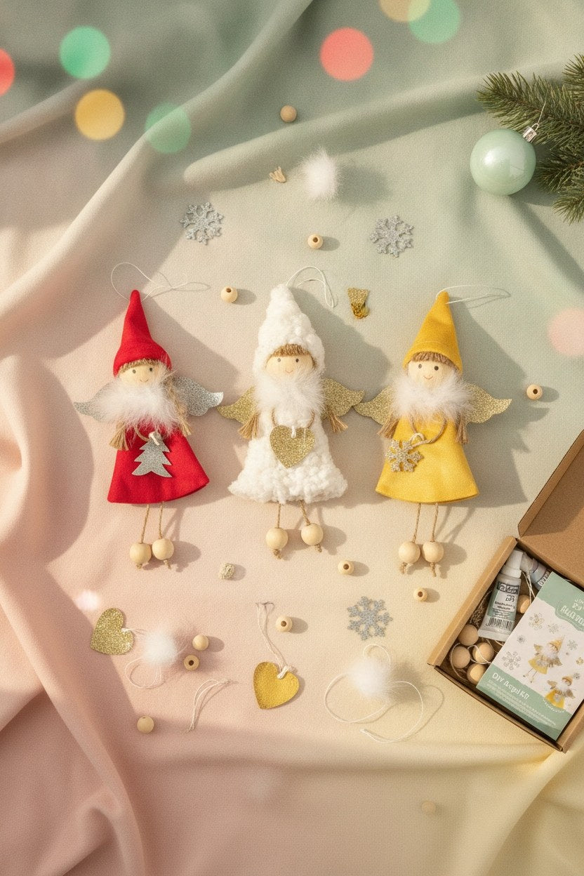 Bastelset Engel Flatlay mit roten weißen gelben Figuren und Holzperlen