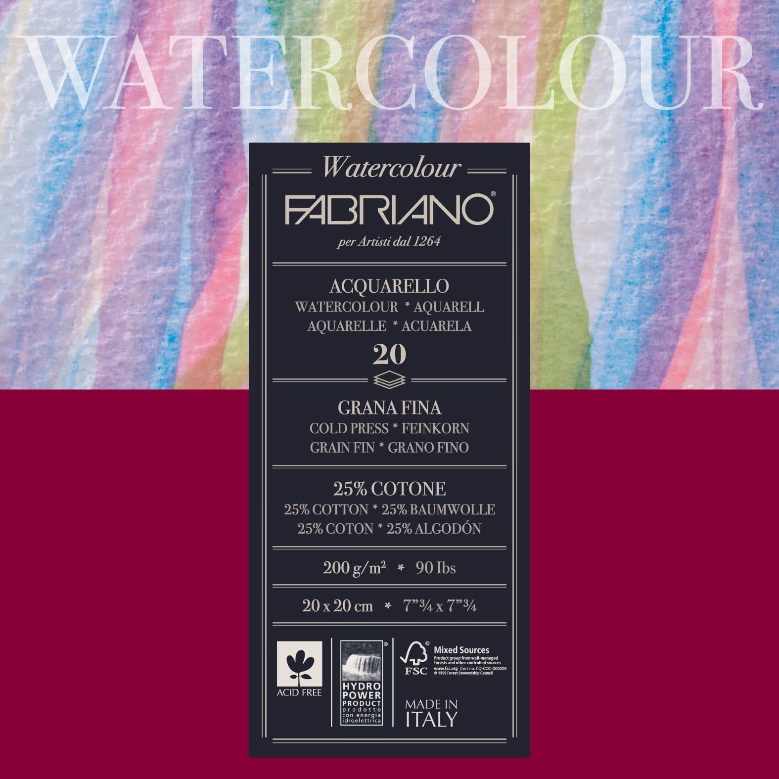 Fabriano Watercolour cold pressed Block - 20x20cm - 200g - 20 Blatt - Kidis Art