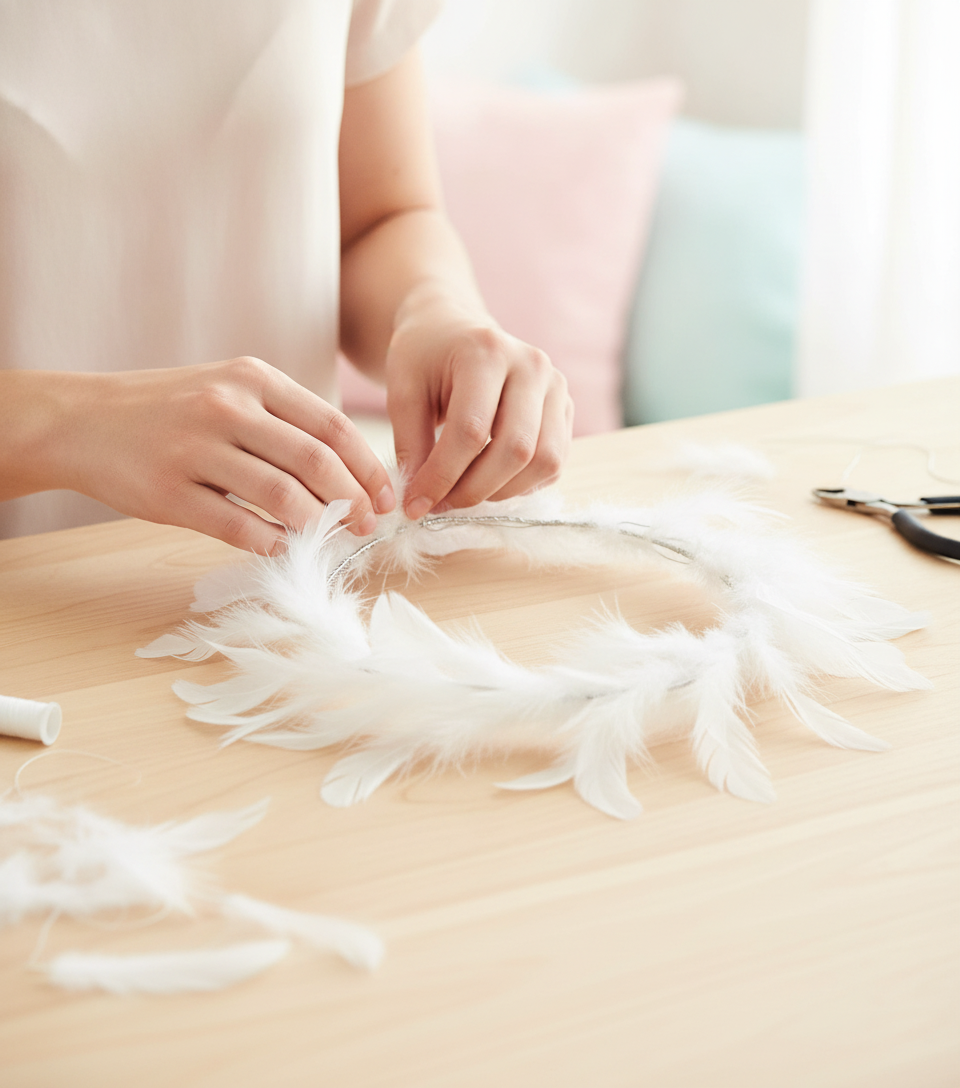 Mains fixant une guirlande de plumes blanches sur un cadre métallique pour déco DIY Noël