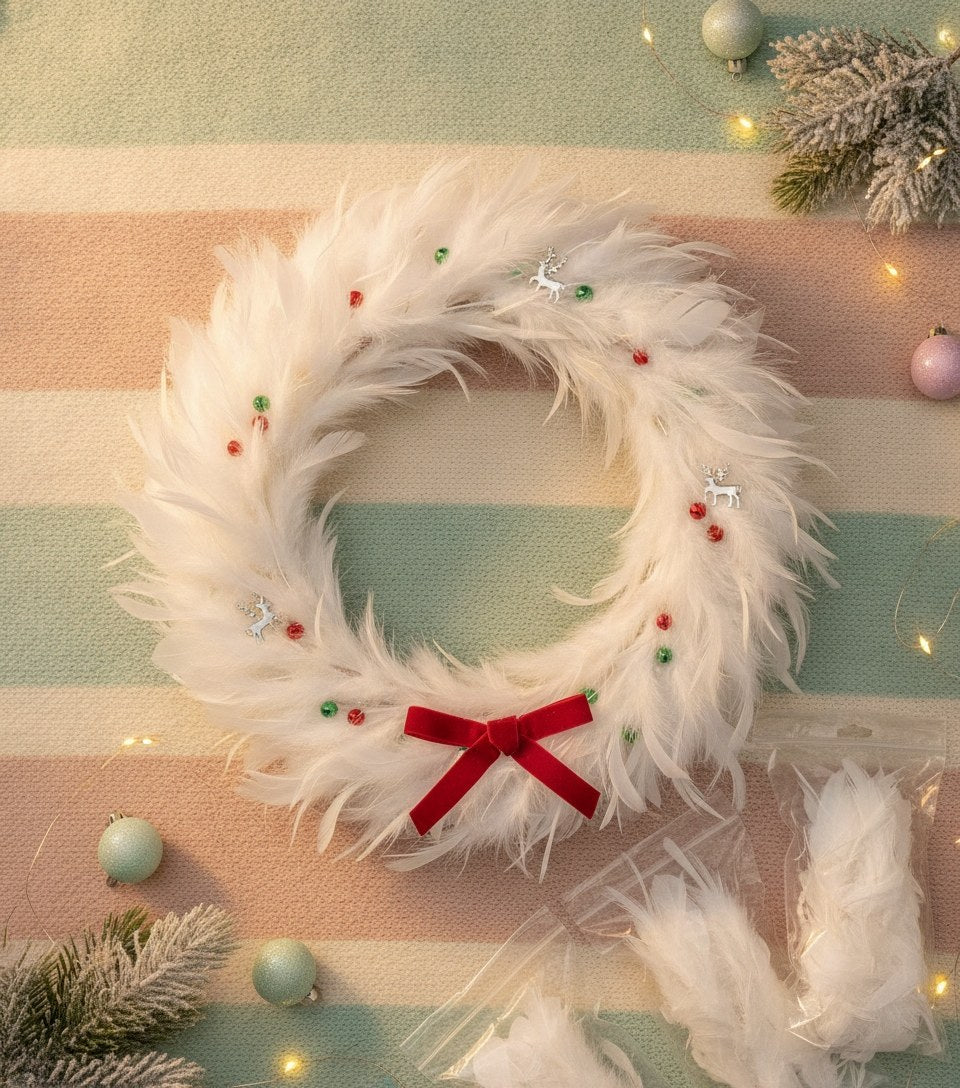 Runder Weihnachtskranz aus weißen Federn mit rotem Samtband, Glasperlen & Rentier-Anhängern