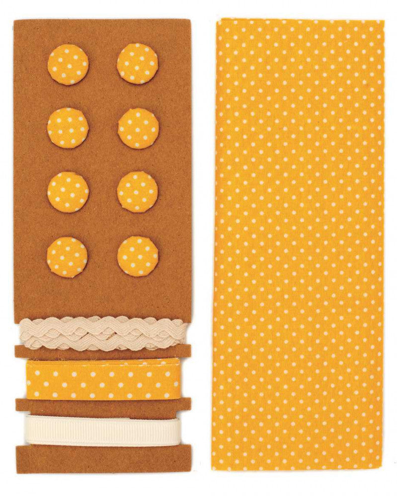 Textil-Set gelb gepunktet, 48x48cm Bänder 3x1m 8 Knöpfe