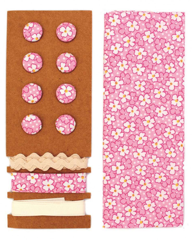 Textil-Set rosa-weiss Blumen, 48x48cm Bänder 3x1m 8 Knöpfe