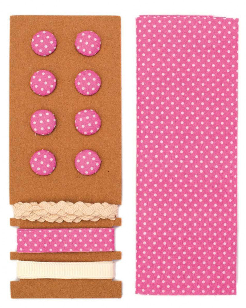 Textil-Set pink Punkte, 48x48cm Bänder 3x1m 8 Knöpfe