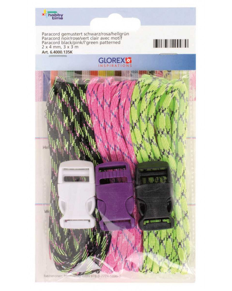 Paracord 2x4mm, 3x3m schwarz/rosa/hellgrün gemust.