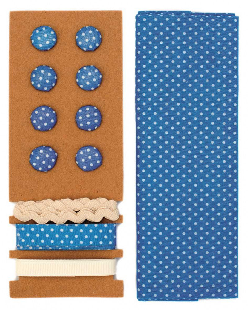 Textil-Set blau gepunktet, 48x48cm Bänder 3x1m 8 Knöpfe