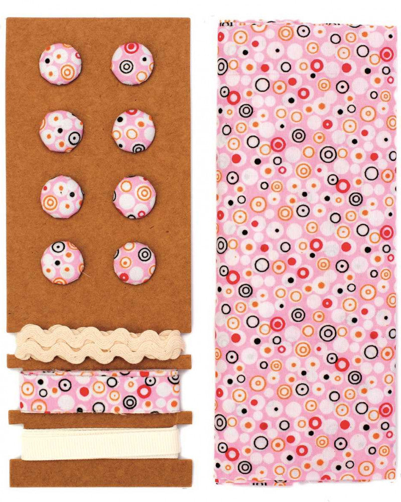 Textil-Set rosa Kreise, 48x48cm Bänder 3x1m 8 Knöpfe
