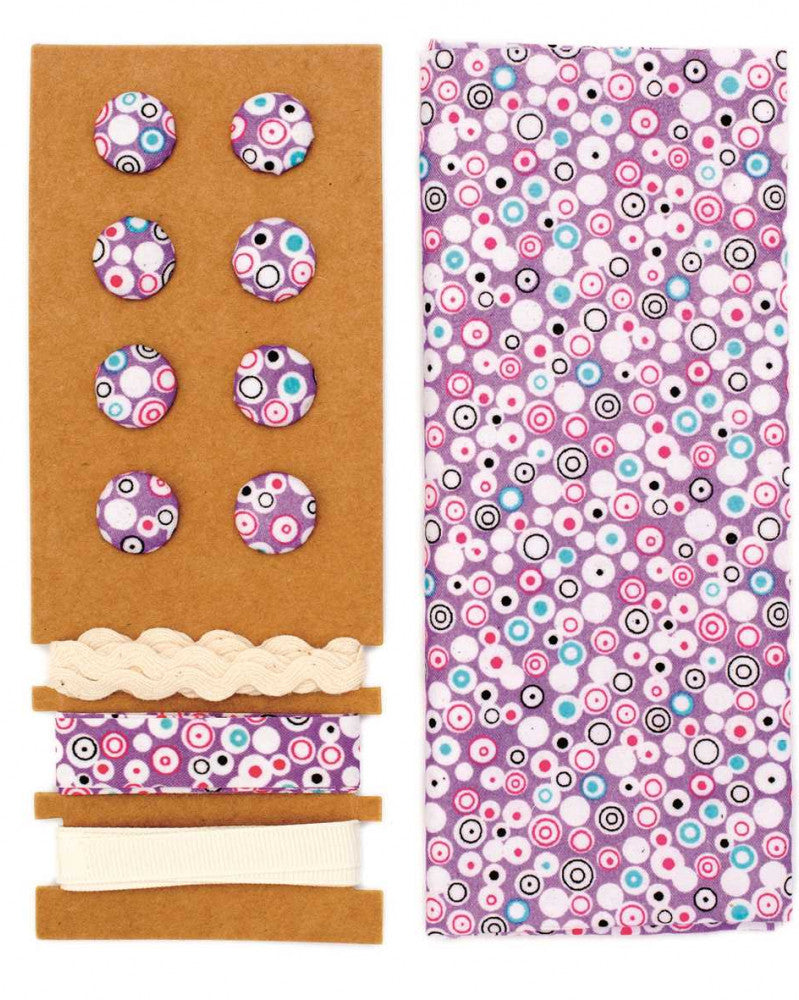Textil-Set lila Kreise, 48x48cm Bänder 3x1m 8 Knöpfe