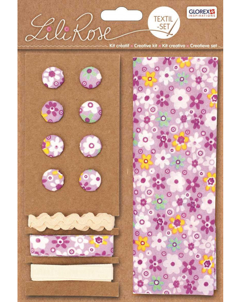 Textil-Set lila Blumen, 48x48cm Bänder 3x1m 8 Knöpfe
