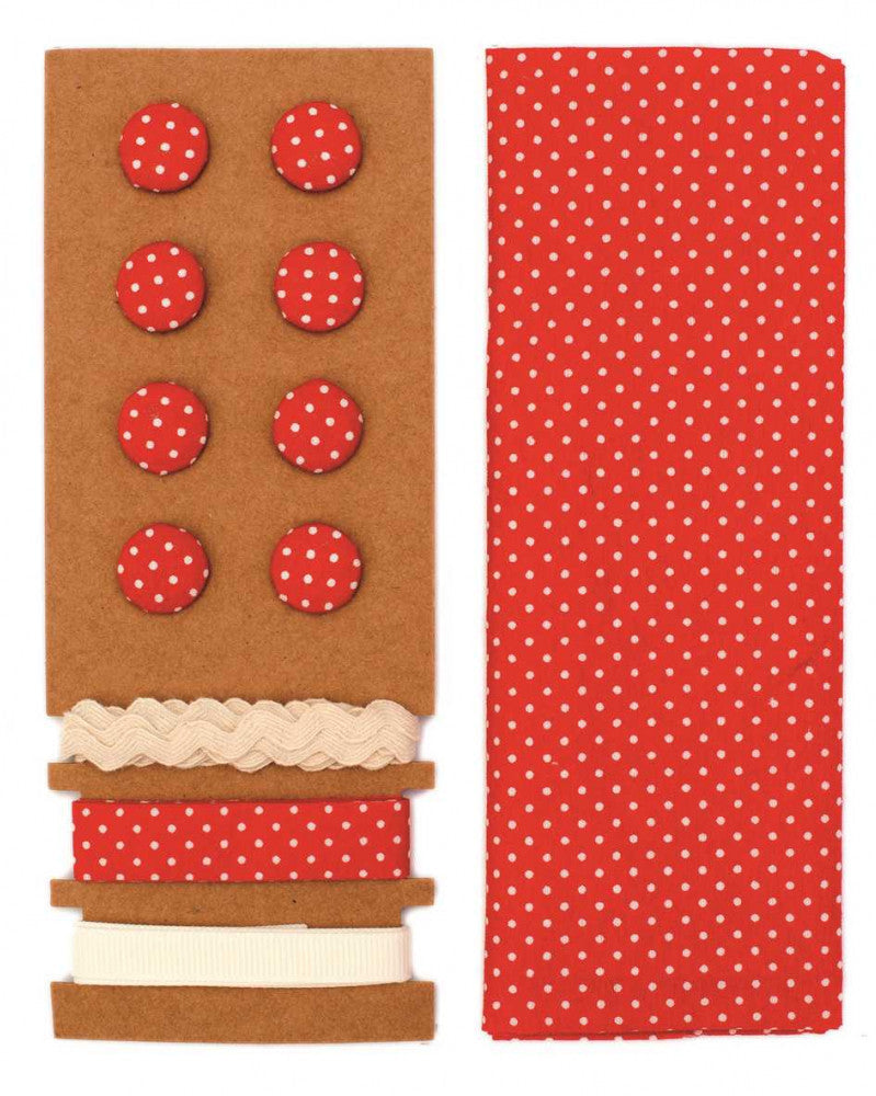 Textil-Set rot gepunktet, 48x48cm Bänder 3x1m 8 Knöpfe
