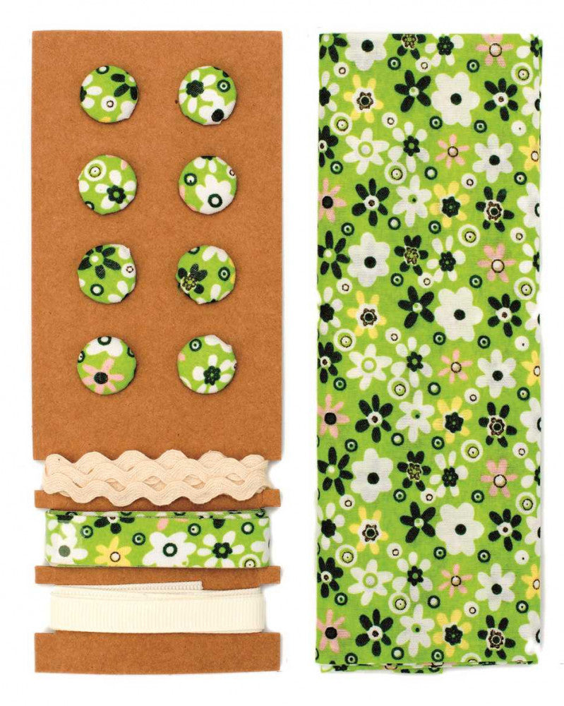 Textil-Set grün Blumen, 48x48cm Bänder 3x1m 8 Knöpfe