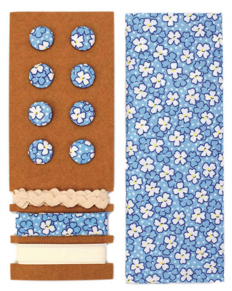 Textil-Set blau Blumen, 48x48cm Bänder 3x1m 8 Knöpfe