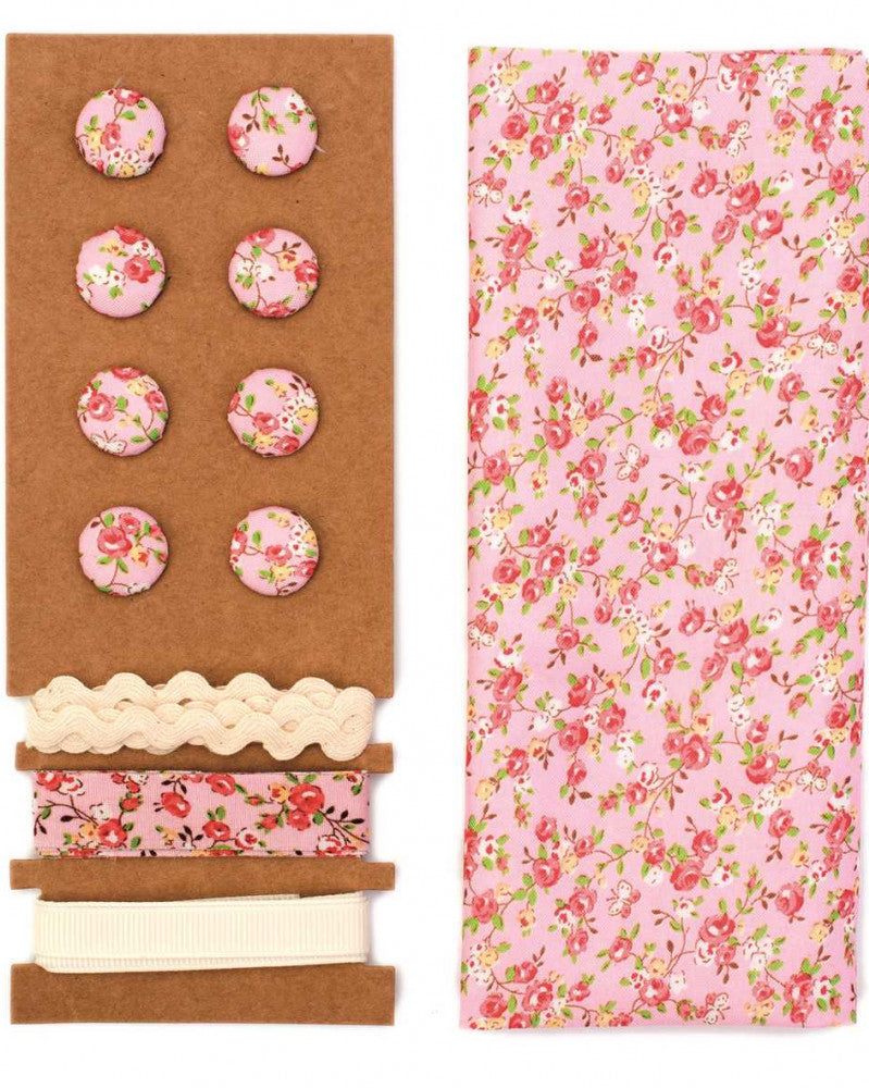 Textil-Set rosa Blumen, 48x48cm Bänder 3x1m 8 Knöpfe