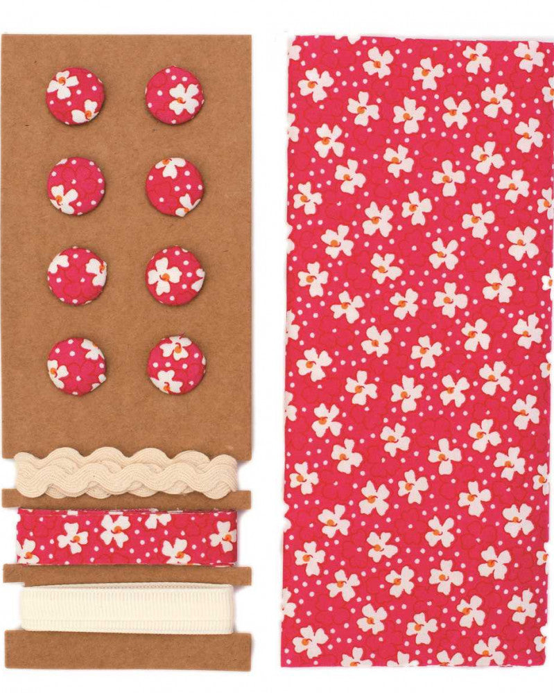Textil-Set himbeerrot, Blumen, 48x48cm Bänder 3x1m 8 Knöpfe