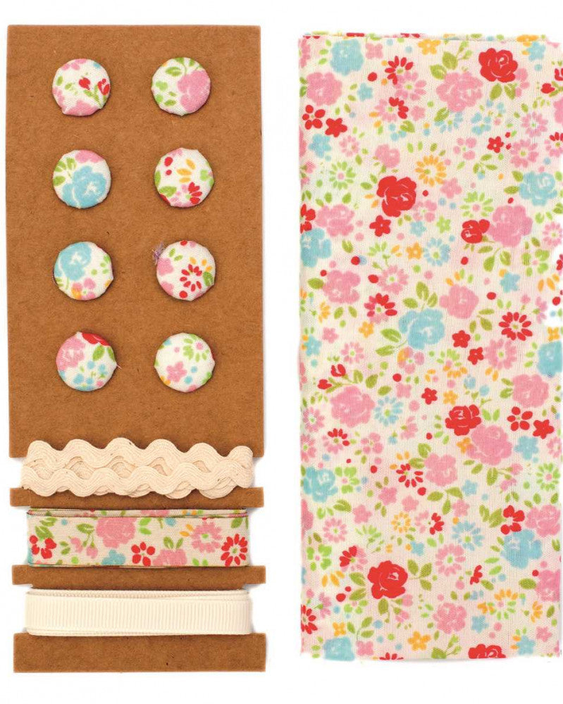Textil-Set bunt Blumen, 48x48cm Bänder 3x1m 8 Knöpfe