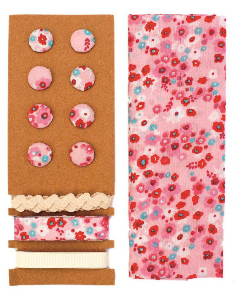 Textil-Set rosa-blau Blumen, 48x48cm Bänder 3x1m 8 Knöpfe