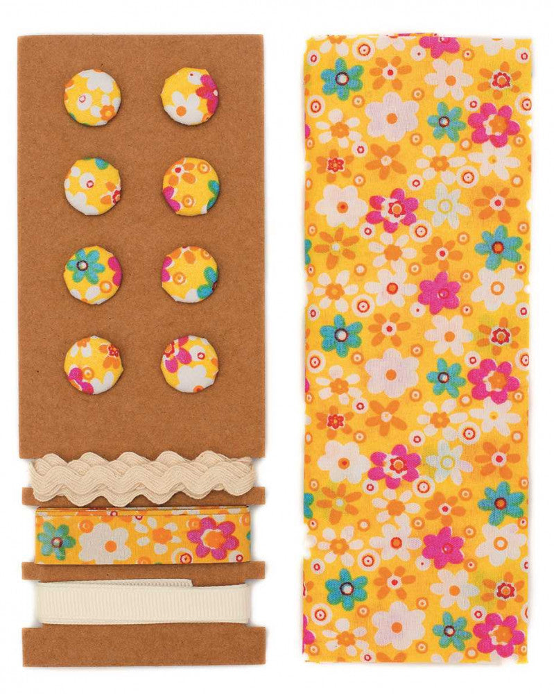 Textil-Set gelb Blumen, 48x48cm Bänder 3x1m 8 Knöpfe