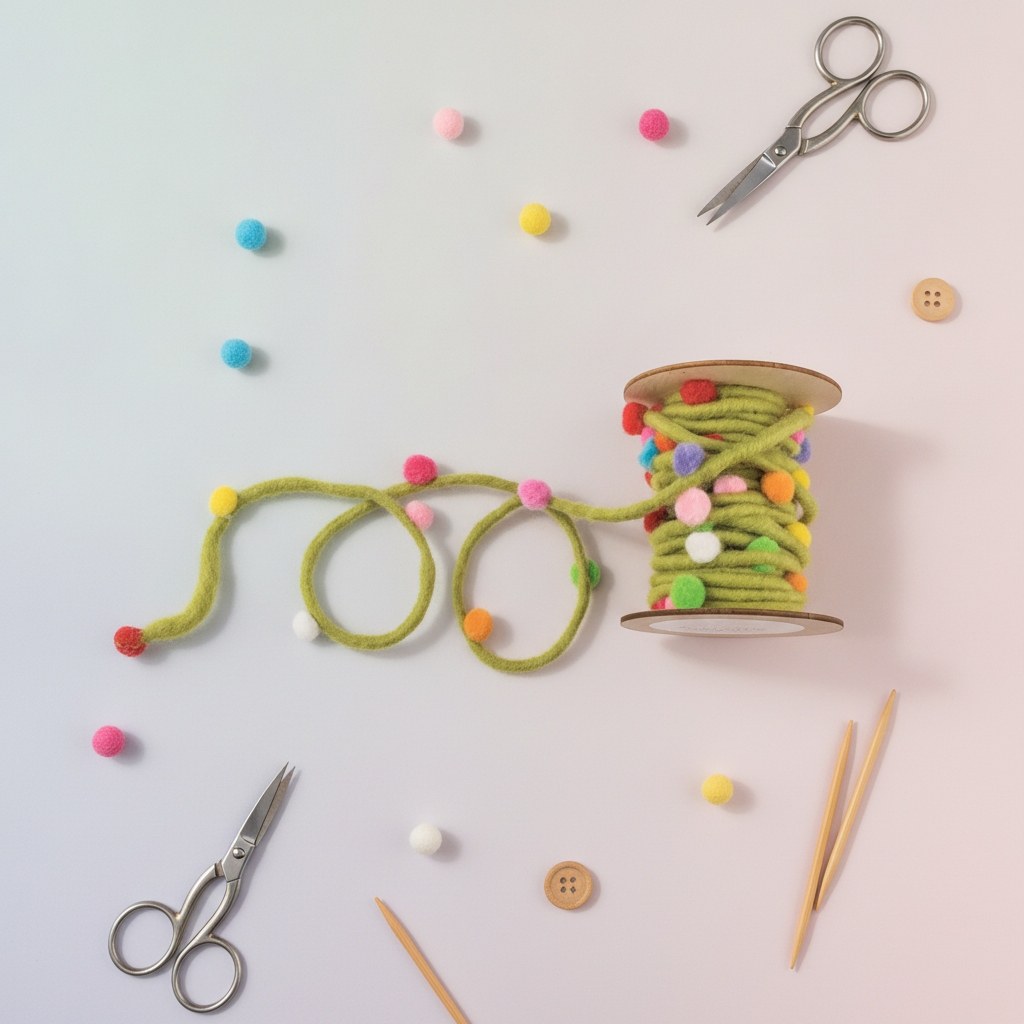 Filzkordel mit Pompons, grün, 5M/Rolle - Kidis Art