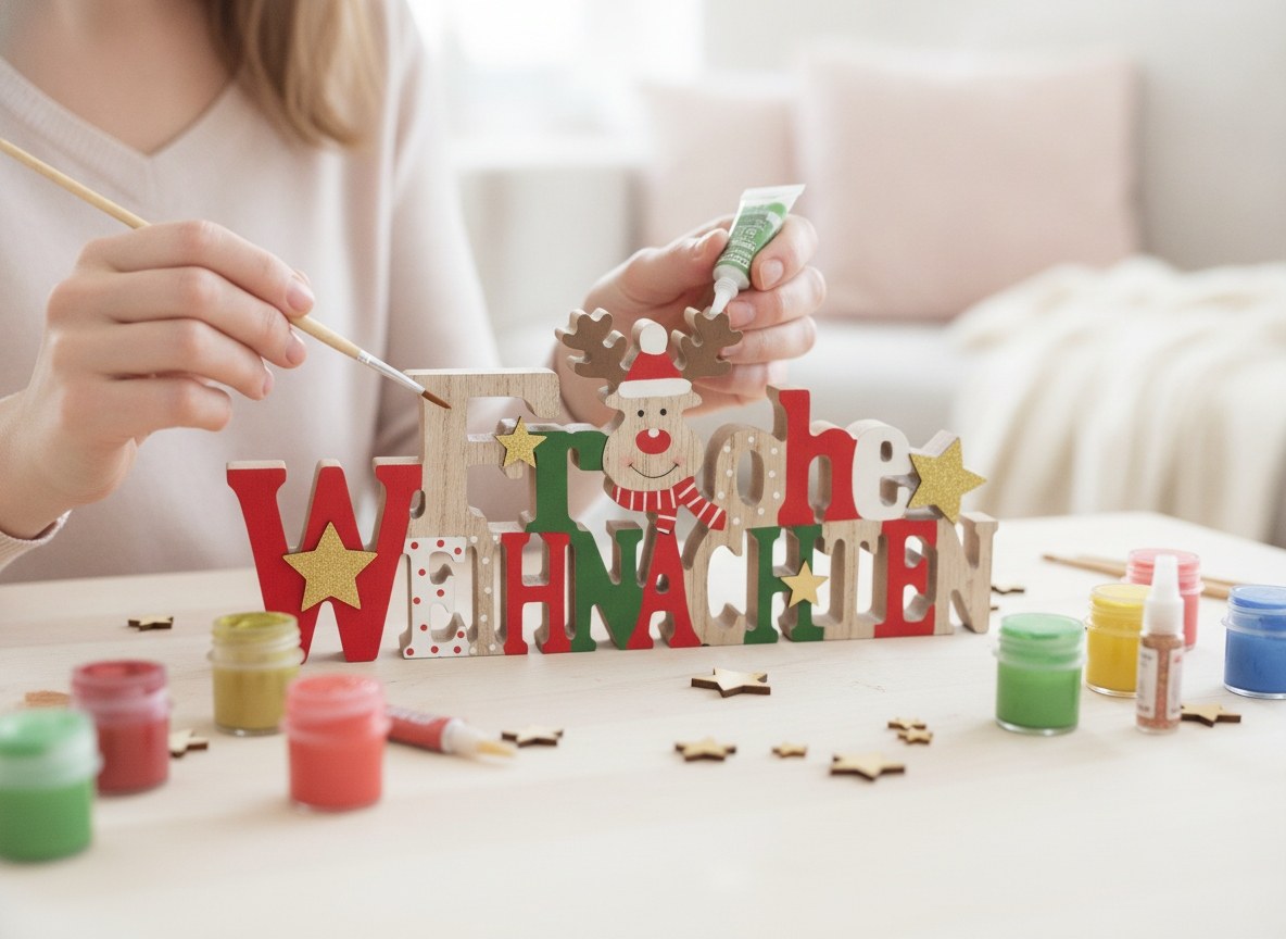 Handbemalung Frohe Weihnachten MDF Element mit goldenen Glitzersternen