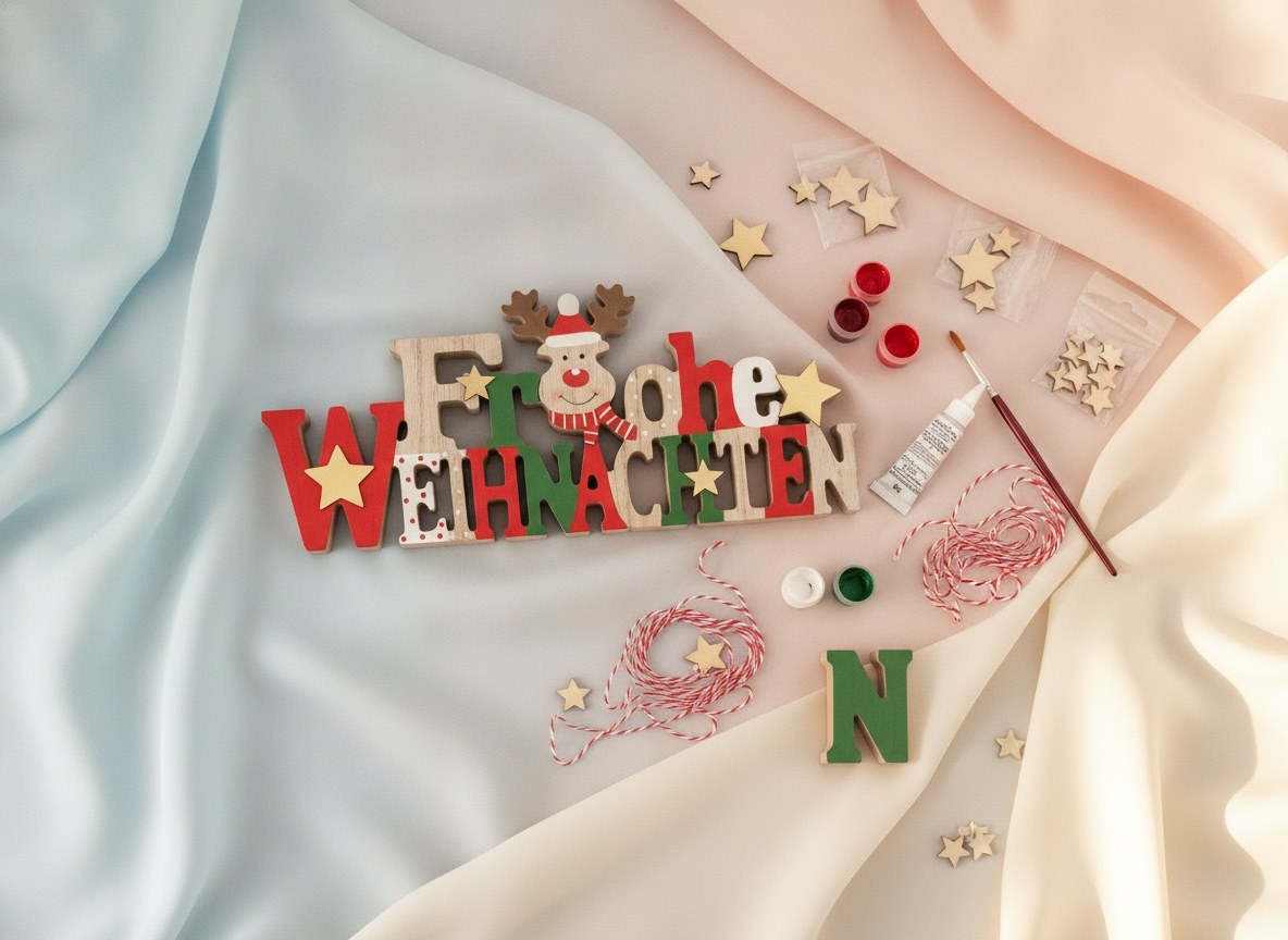 Frohe Weihnachten MDF Deko mit bunten Buchstaben und Sternen im Flatlay