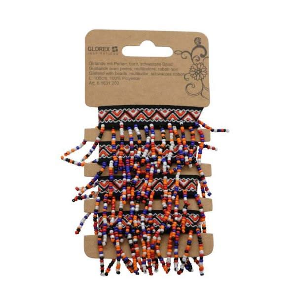Guirlande de perles colorées avec motif géométrique sur ruban noir, emballée avec étiquette suspendue Glorex