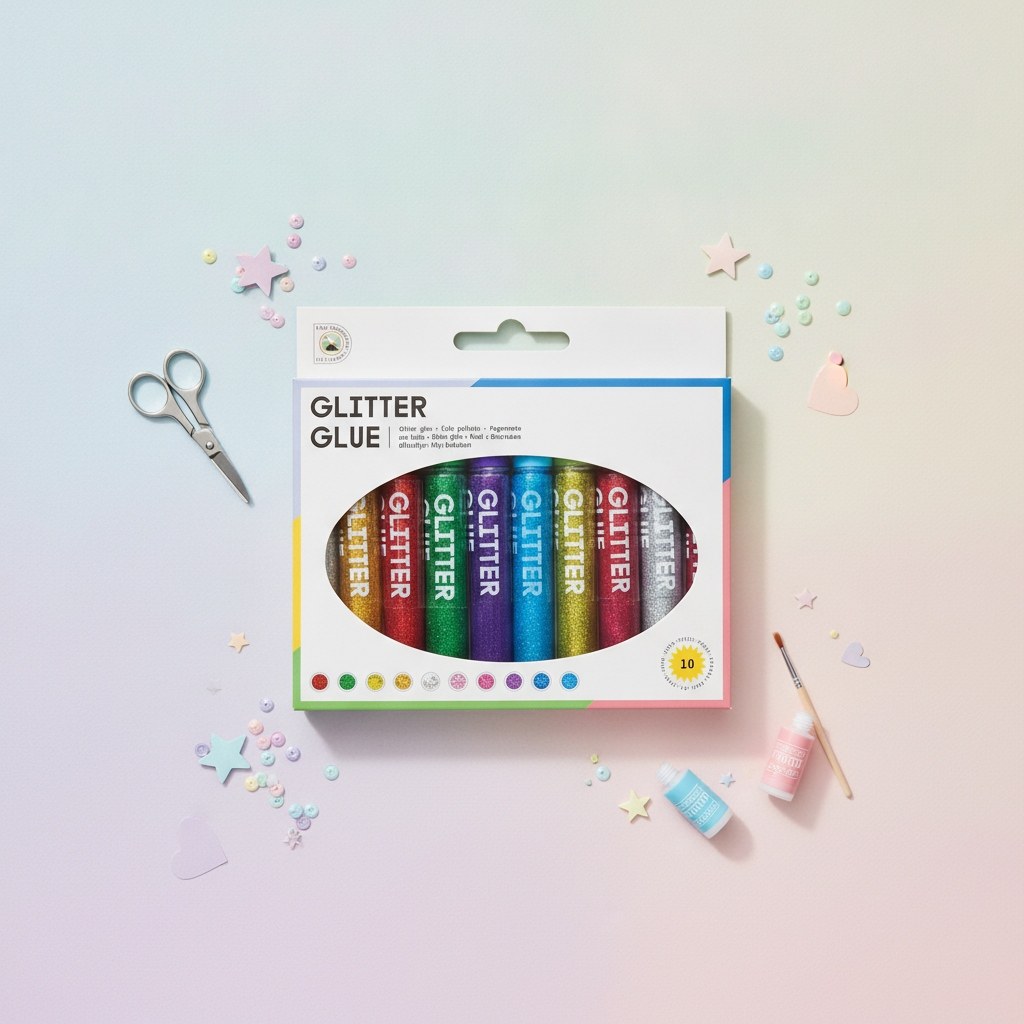 Glorex Glitter Glue 10er Set mit ovaler Sichtfenster Verpackung, zeigt bunte Stifte in Gold, Rot, Grün und Silber