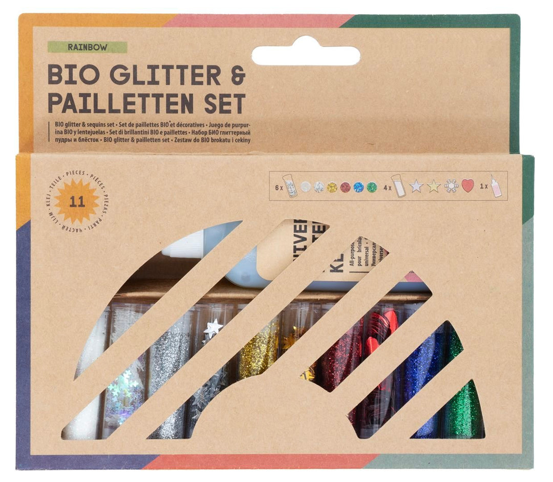 Glitter-Set, 10 Dosen Dekomat. Bio,1 Dekokleber 90g - Kidis Art