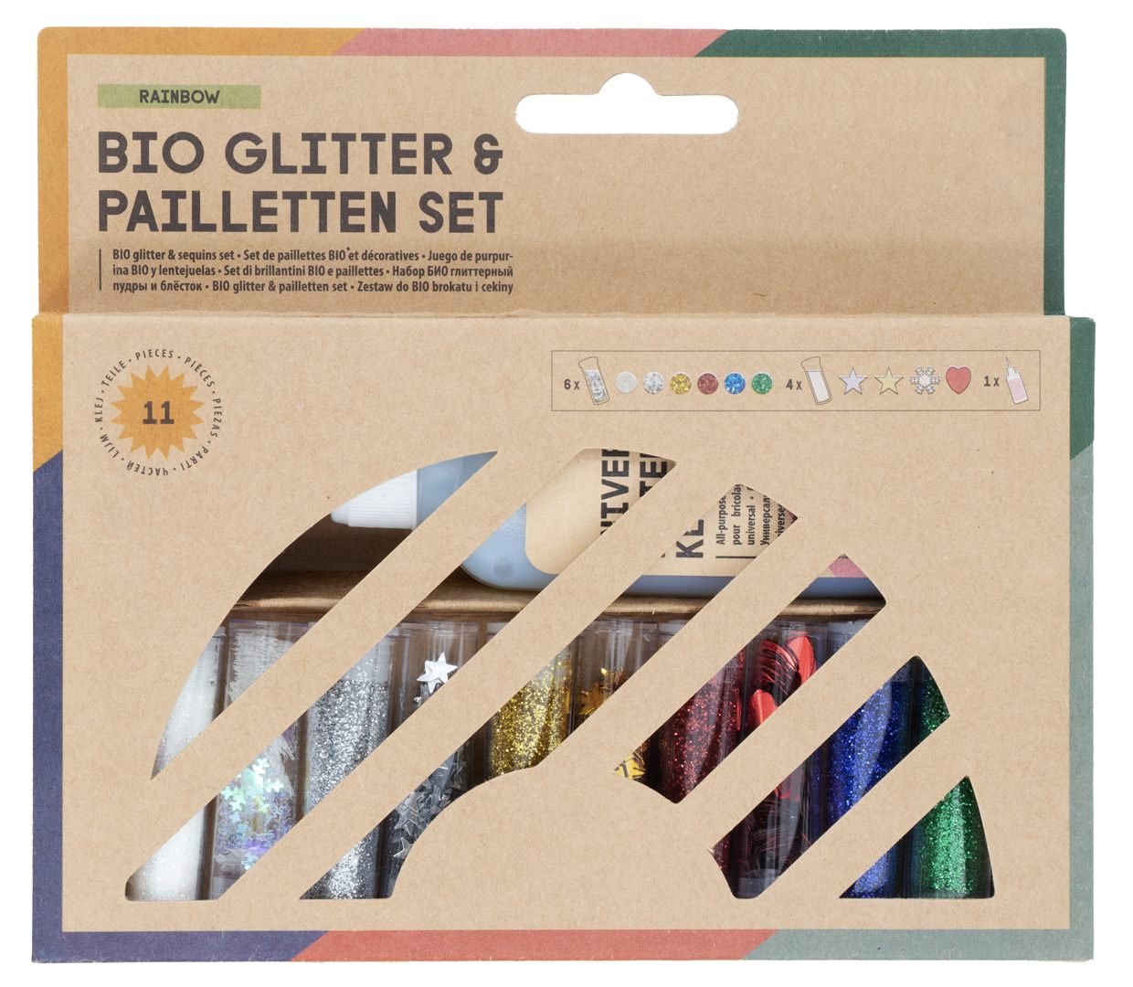 Glitter-Set, 10 Dosen Dekomat. Bio,1 Dekokleber 90g - Kidis Art