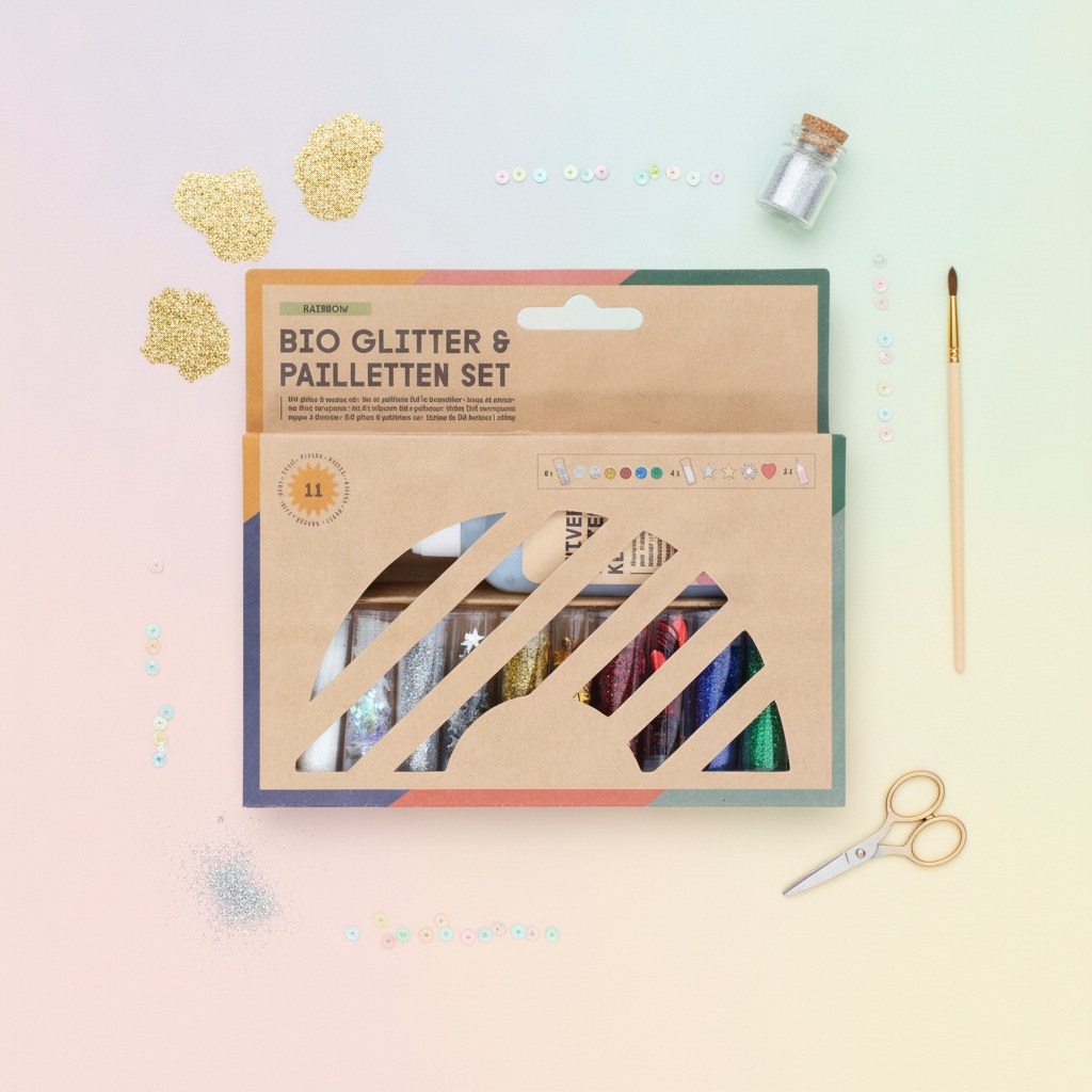 Glorex Dekomat Bio Glitter-Set mit 10 Dosen und Kleber, Regenbogen-Farben im Karton