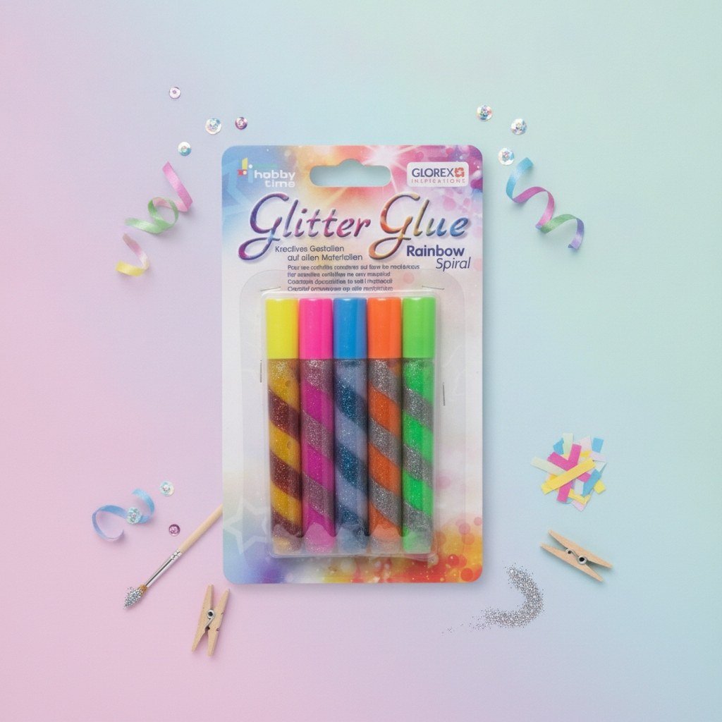 Glorex Glitter-Spiral-Kleber Rainbow Set mit 5 fluoreszenten Farben in Blisterverpackung