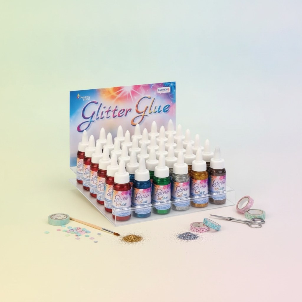 Glorex Glitterglue Display 1 mit Acrylhalterung, bunte Glitzerkleber-Flaschen in Rot, Blau, Grün, Silber, Gold und Braun