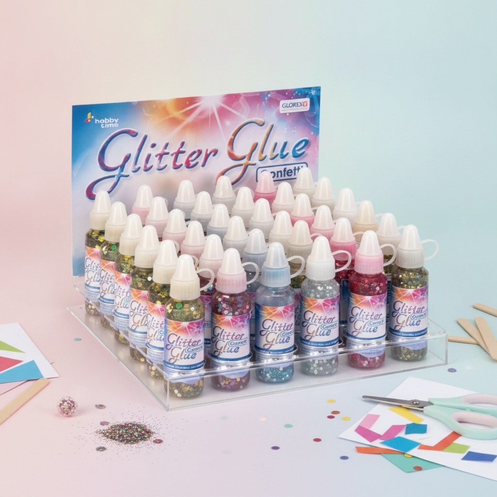 Glitterglue Display-Set mit 16 Glitzerkleber-Flaschen in Gold, Pink, Blau und Rot auf Acryl-Tragetasche