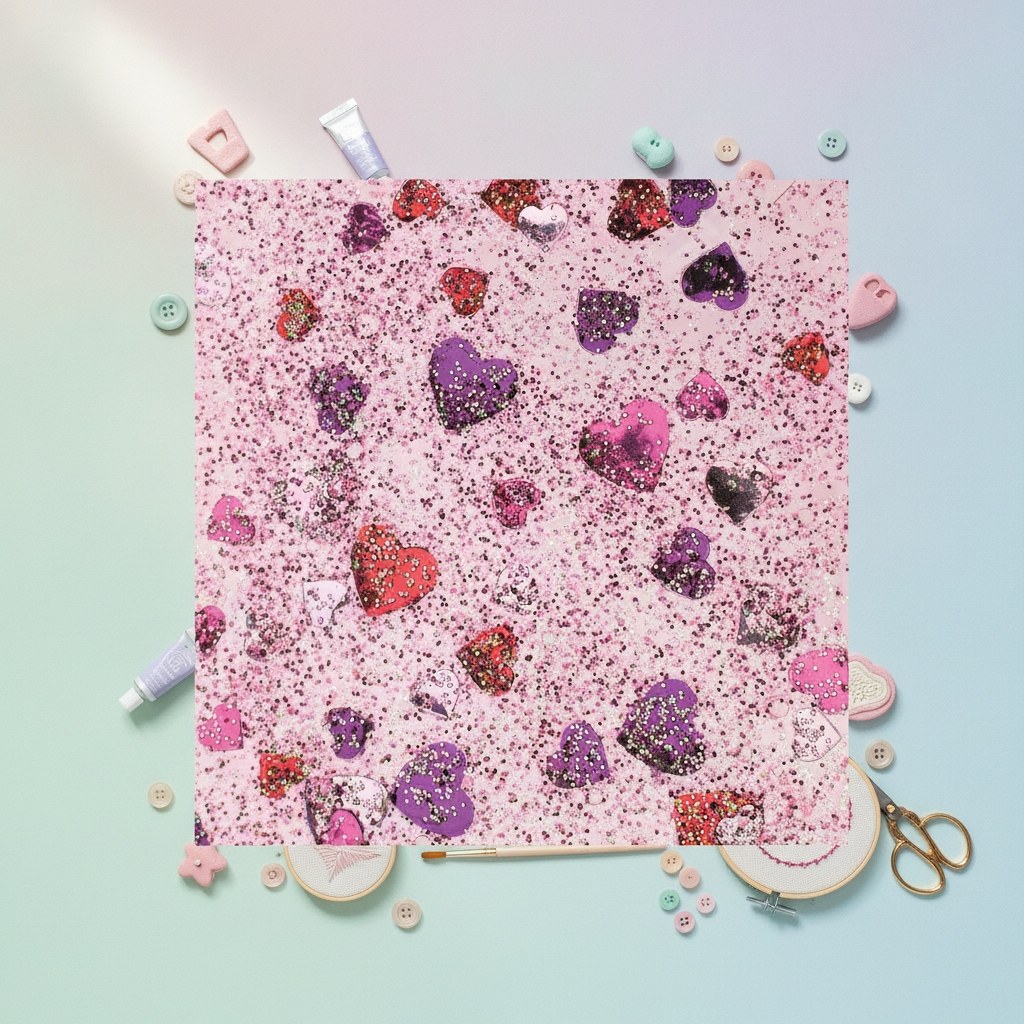 Glorex Glitterkleber Flasche 53ml Confetti mit rot-pinken Herzen und glänzender Partikeltextur