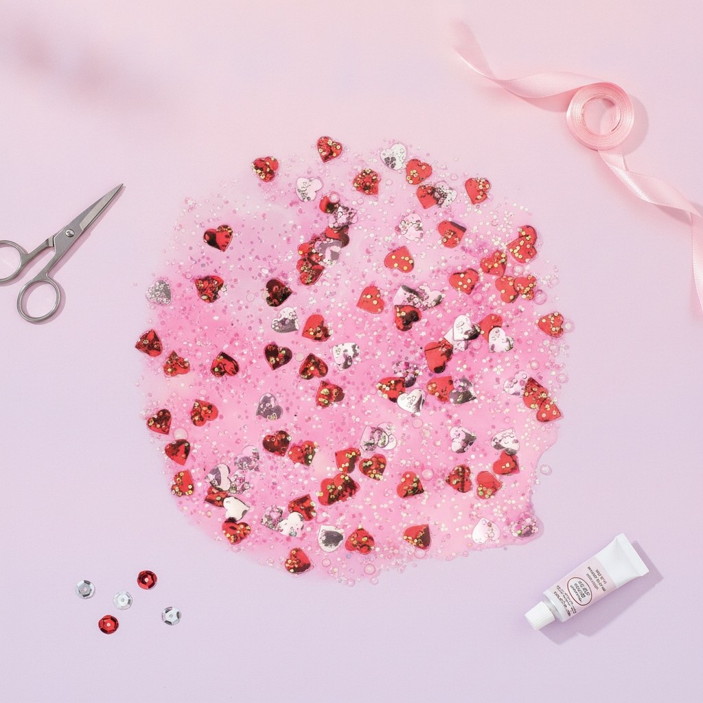 Makro Glitterkleber Confetti mit roten und silbernen Herzen, glänzende Textur