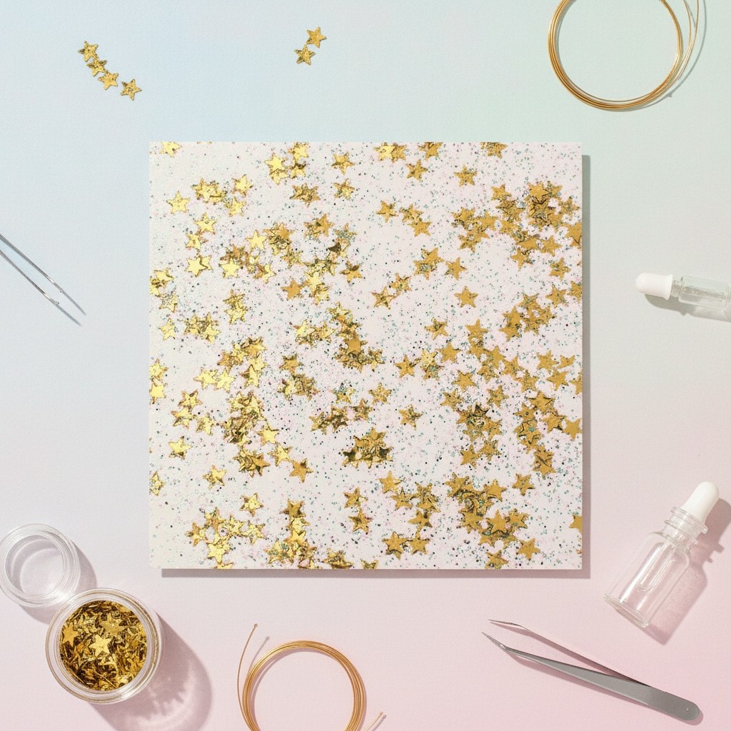 Goldene Stern Confetti Glitterglue Flasche Nahaufnahme mit metallischen Sternen und Mikroglitter