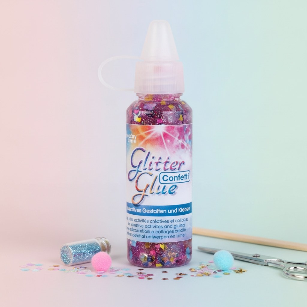 Pink Glitterglue Flasche mit Stern- und Herzkonfetti, transparenter Tupferflakon für kreatives Gestalten