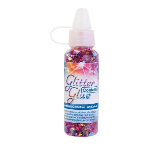 Pink Glitterglue Flasche mit Stern- und Herzkonfetti, transparenter Tupferflakon für kreatives Gestalten